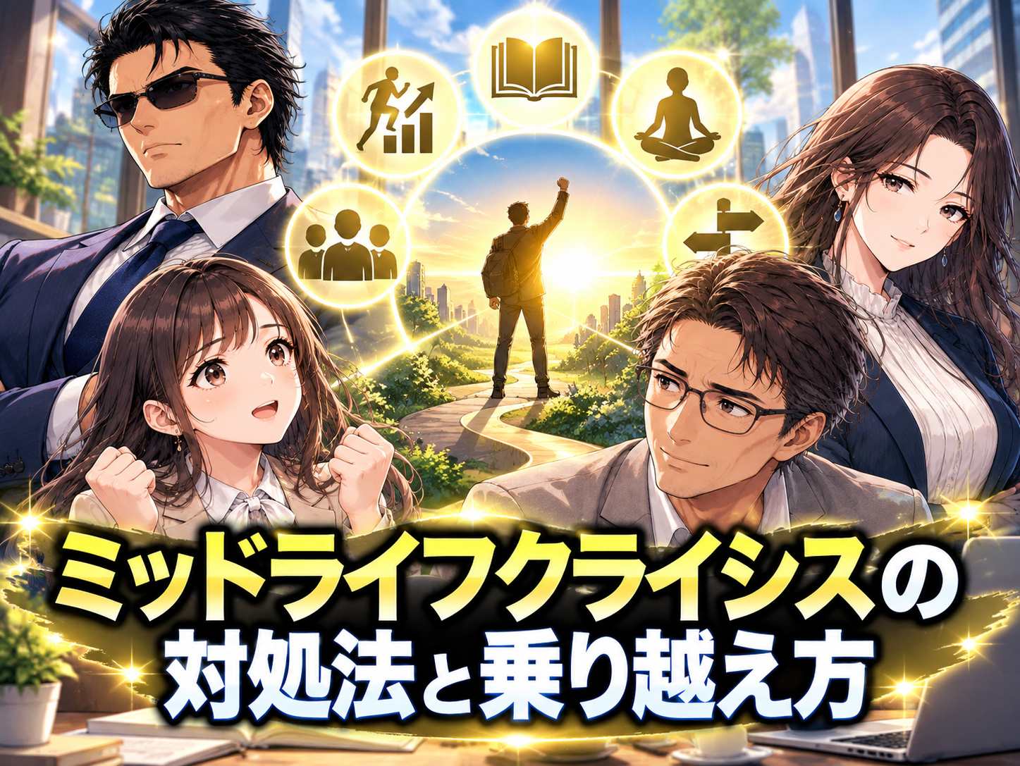 ミッドライフクライシスの対処法と乗り越え方として、人生の後悔や不安を整理し、退職・転職を急がずキャリアや生き方を見直す方法を表した画像