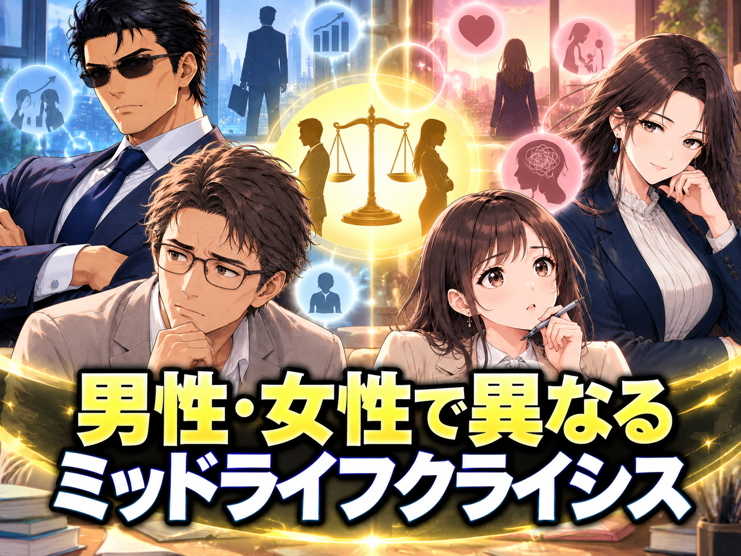 男性・女性のミッドライフクライシスについて、仕事やキャリア、更年期、家庭、独身・既婚・離婚など生活状況によって異なる悩みを表した画像