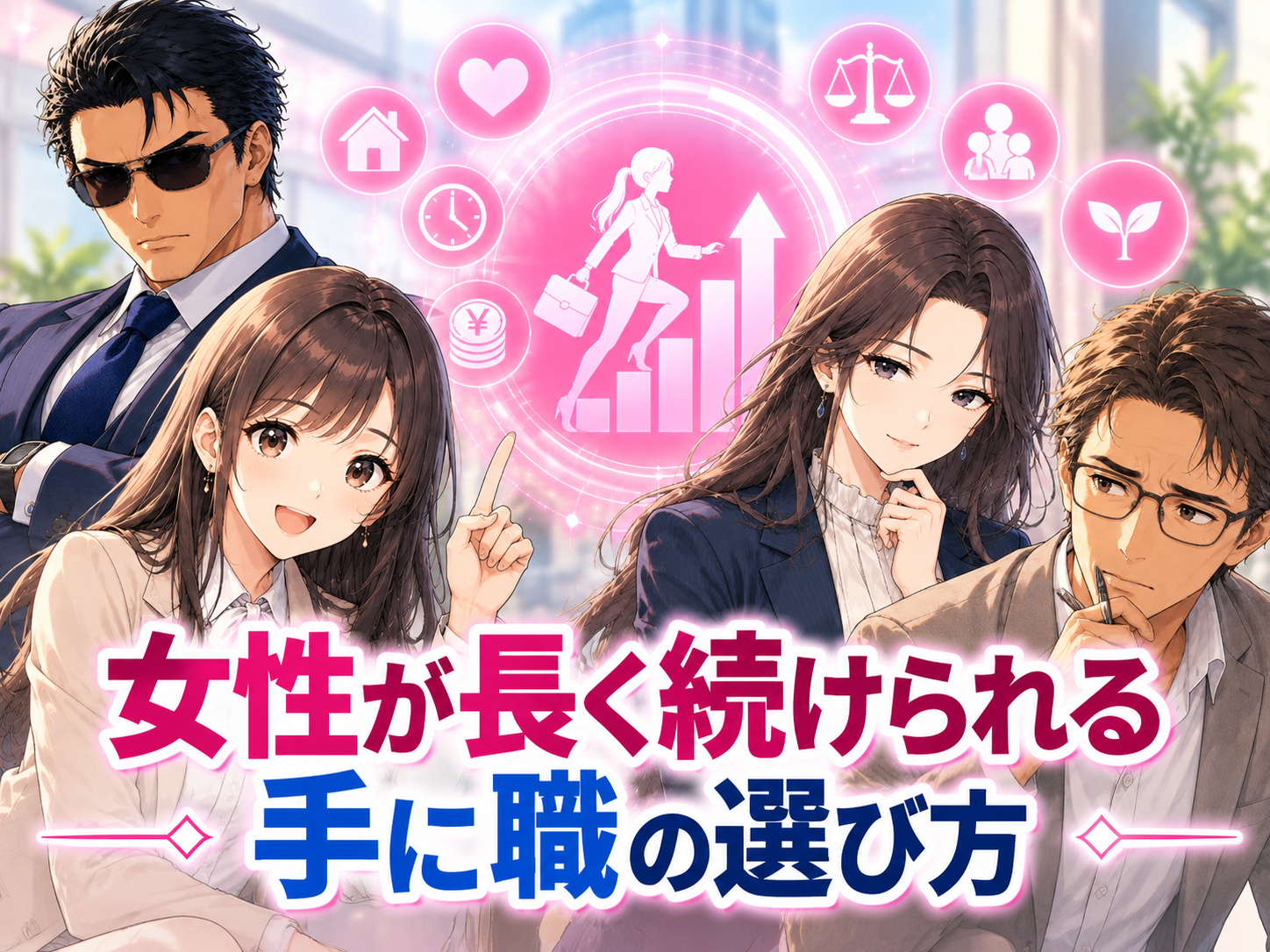 女性が長く続けられる手に職の選び方として、安定性や将来性、AIに代替されにくい専門性、在宅勤務や家庭との両立、復職・独立まで考えるイメージ