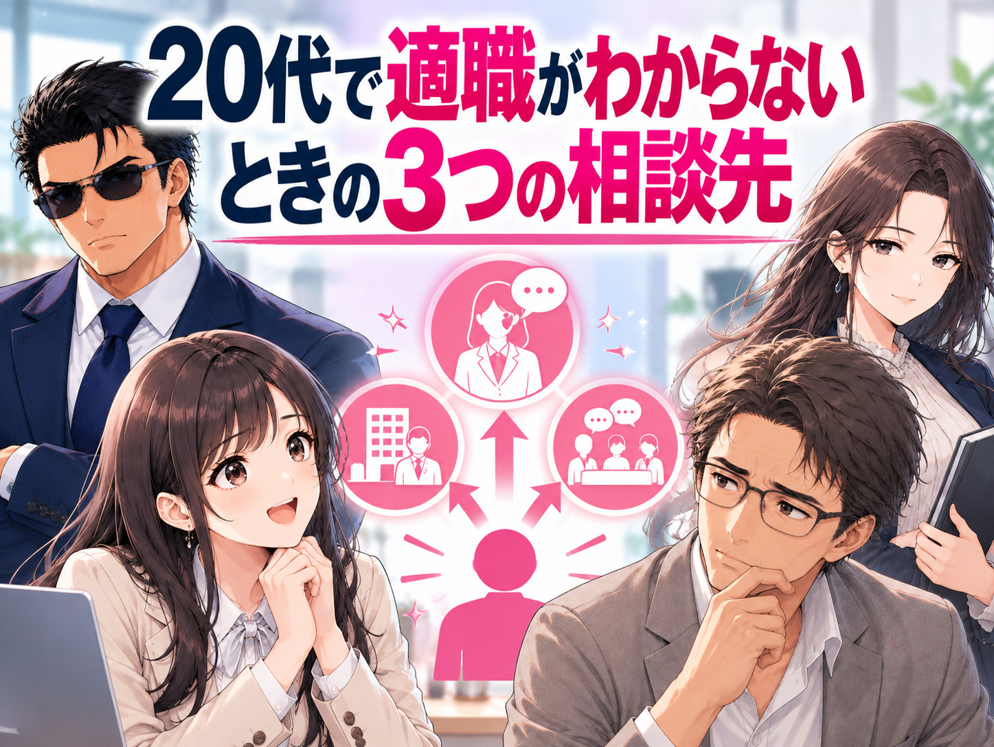 20代で適職がわからない、自分に合う仕事が見つからない人に向けた3つの相談先を解説するイラスト。新卒応援ハローワークなどの公的就職支援、就活・転職エージェント、求人紹介なしで自己分析やキャリアの方向性を相談できるキャリア相談サービスを比較。
