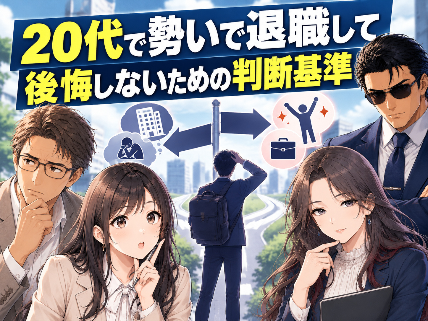20代で勢いで仕事を辞めて後悔しないための判断基準を解説するキャリアギルドのイラスト。感情的に退職して後悔しやすい人の特徴や、早めに会社を辞めた方がよいケース、退職前に確認したい転職先・貯金・退職時期など、20代の退職判断に必要なポイントを紹介する画像。