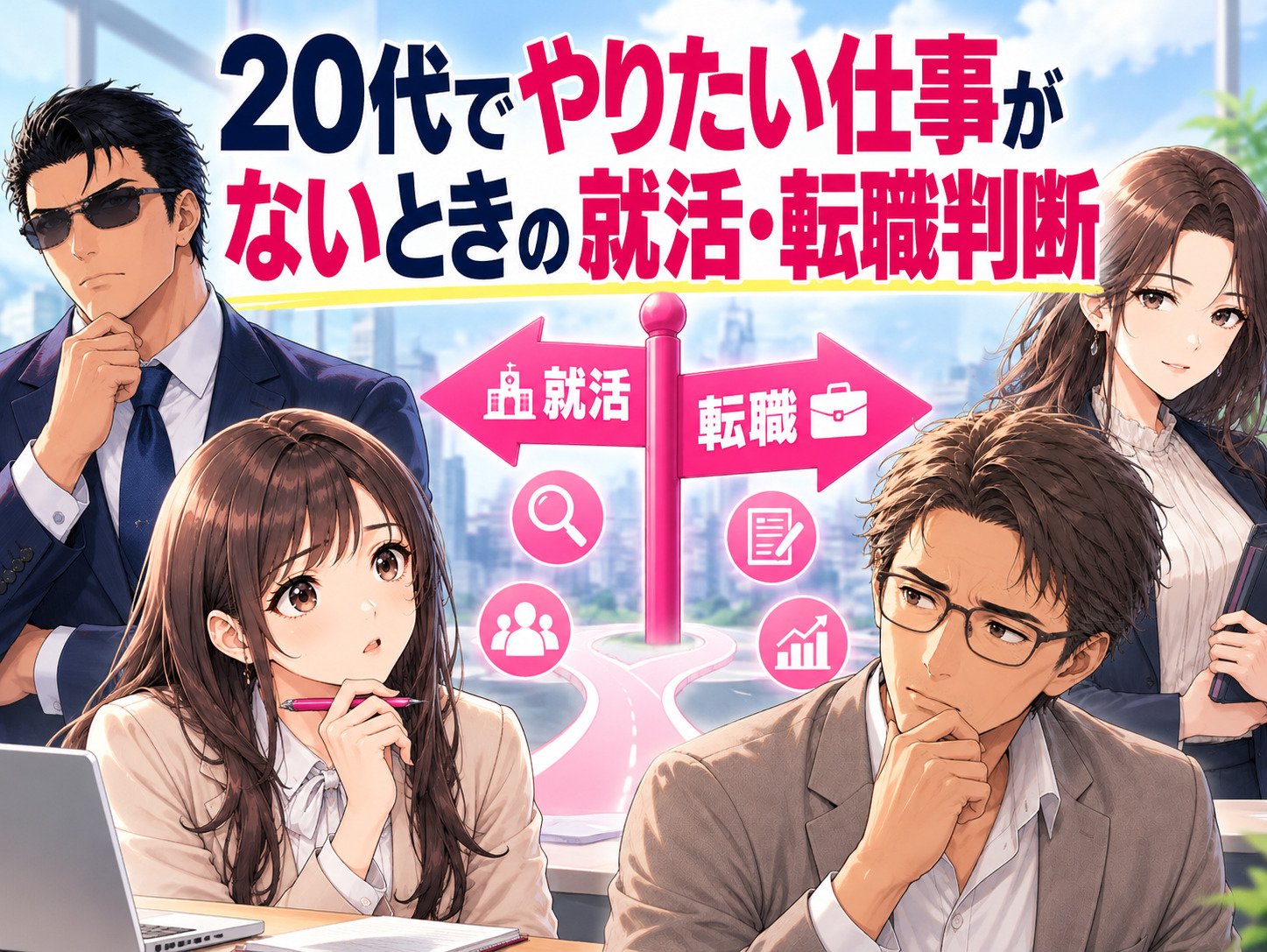 20代でやりたい仕事がないまま就活・転職してもよいのか、判断基準を解説するイラスト。新卒で何がしたいかわからない場合の就職活動、20代前半・後半で異なる仕事選び、転職先が決まらない場合や未経験転職で後悔しないための考え方を紹介。