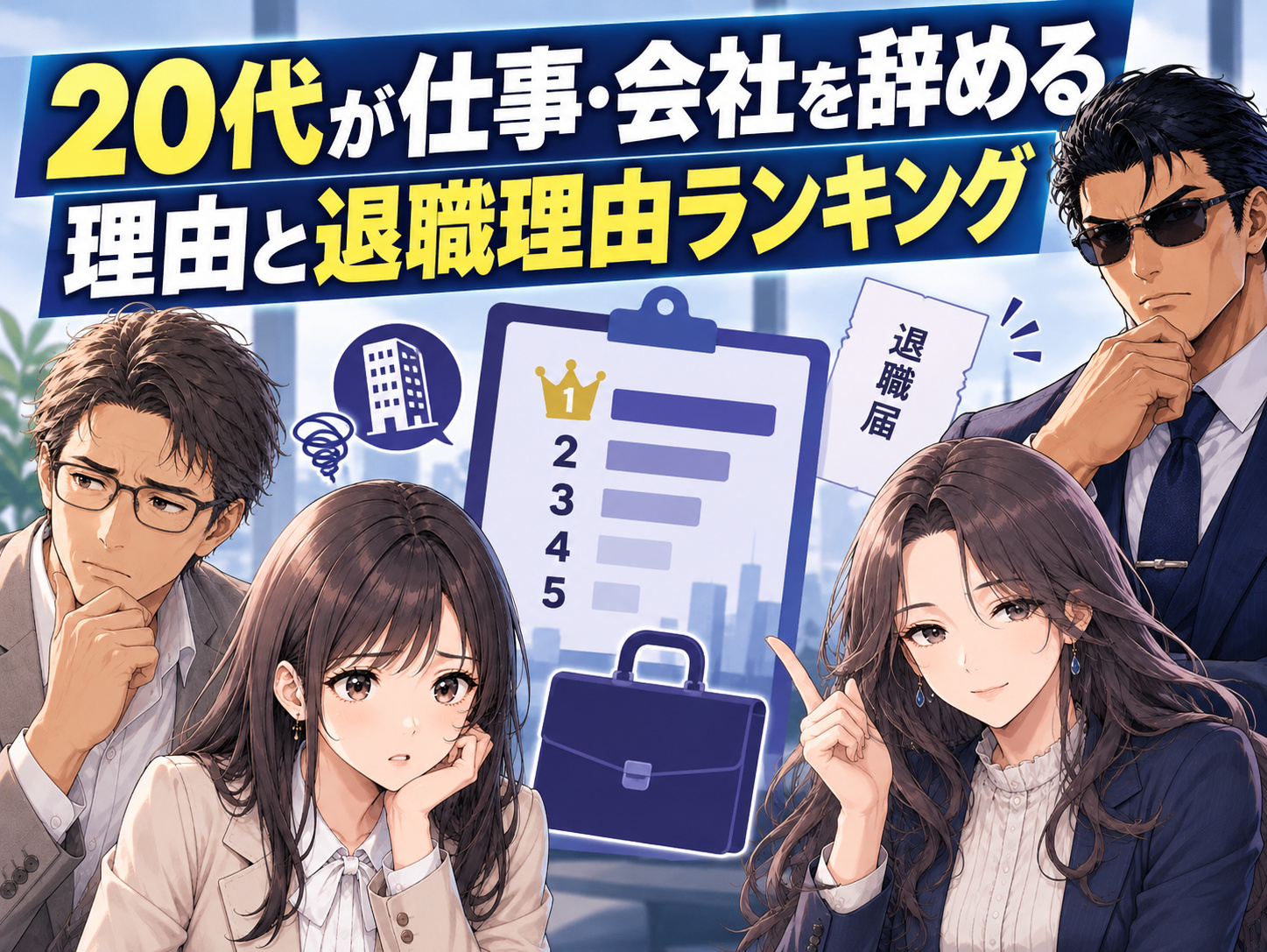 20代が仕事・会社を辞める理由と退職理由ランキングを解説するキャリアギルドのイラスト。人間関係や給料、労働時間、仕事内容への不満、キャリアアップなど、20代の退職理由の本音を整理し、20代前半・後半の違いや仕事を辞める判断基準を紹介する画像。