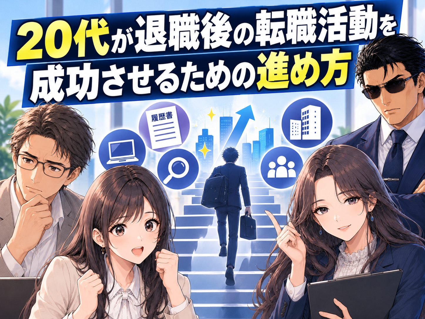 20代が退職後の転職活動を成功させるための進め方を解説するキャリアギルドのイラスト。次の仕事が決まっていない状態からの転職活動の始め方や、第二新卒の短期離職・無職期間が選考に与える影響、転職面接で退職理由を前向きに伝える方法を紹介する画像。