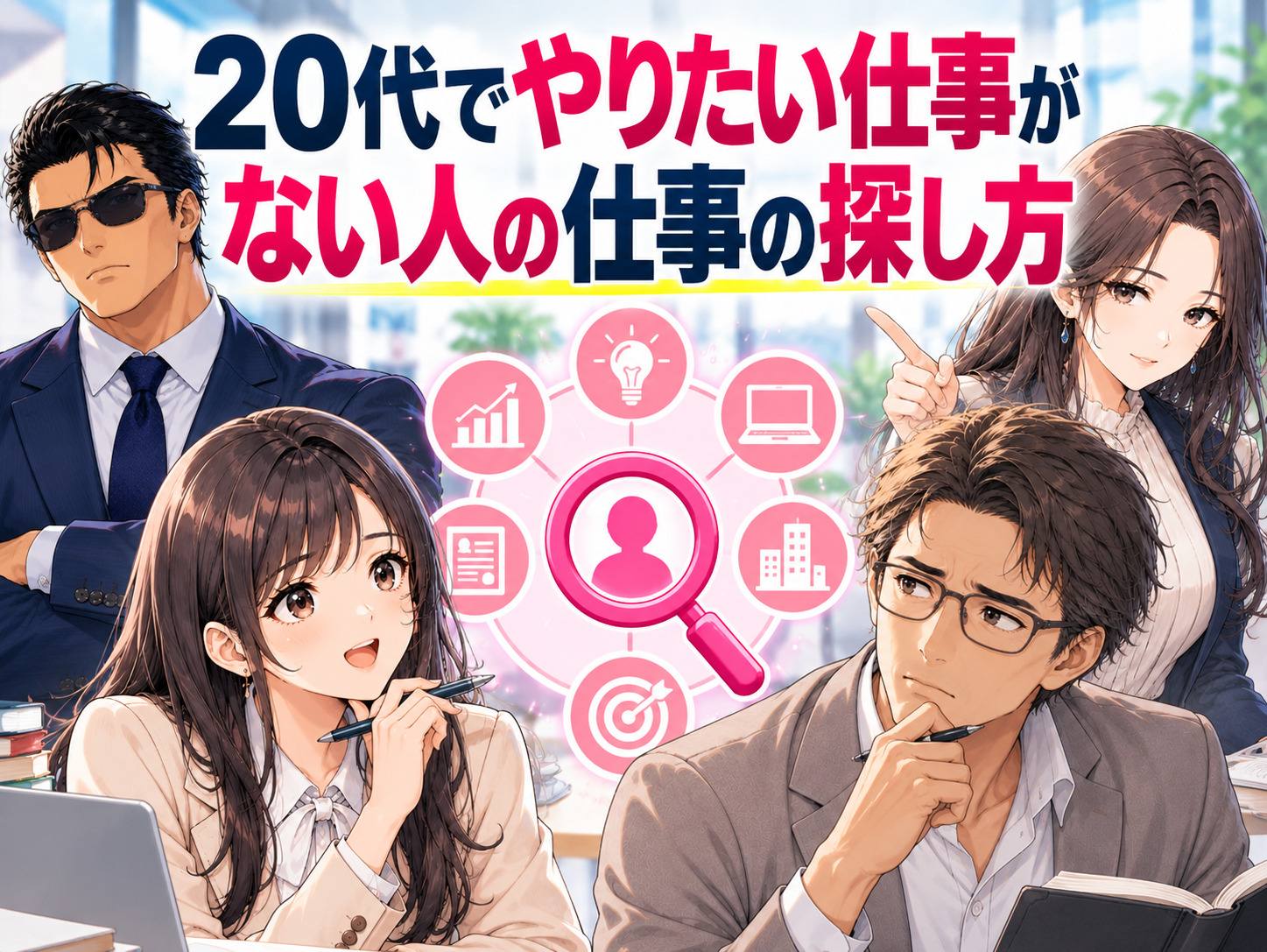 20代でやりたい仕事がない、将来何がしたいかわからない人に向けた仕事の探し方を解説するイラスト。得意なことを活かせる業界・職種の選び方、仕事内容や働き方を基準にした企業比較、未経験から挑戦できる仕事の探し方を紹介。