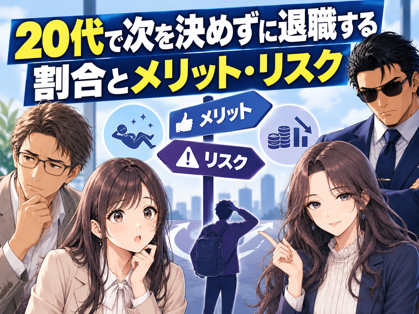 20代で次を決めずに退職する割合とメリット・リスクを解説するキャリアギルドのイラスト。転職先が決まっていない状態で会社を辞める場合のメリット・デメリットや、20代後半で退職する際の注意点、無職期間が転職活動に与える影響を紹介する画像。