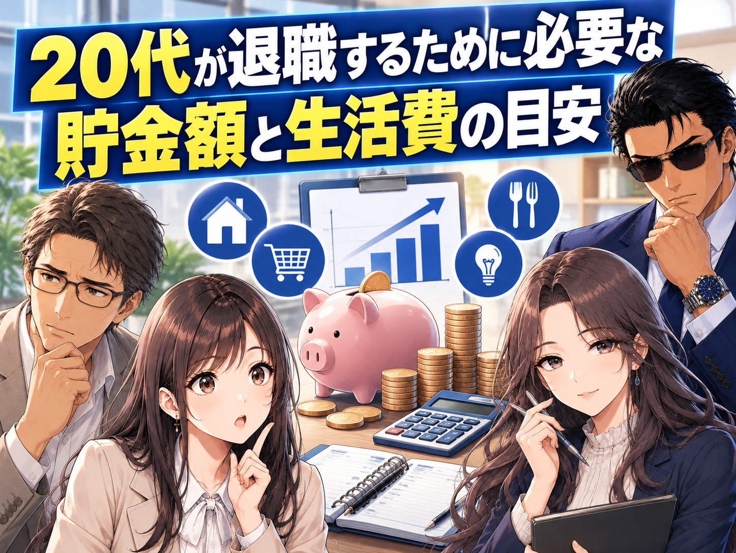 20代が仕事を辞める際に必要な貯金額と退職後の生活費の目安を解説するキャリアギルドのイラスト。退職するには貯金がいくら必要なのか、貯金なし・100万円の場合の生活シミュレーション、失業保険や健康保険、年金、税金など退職後のお金の負担を紹介する画像。