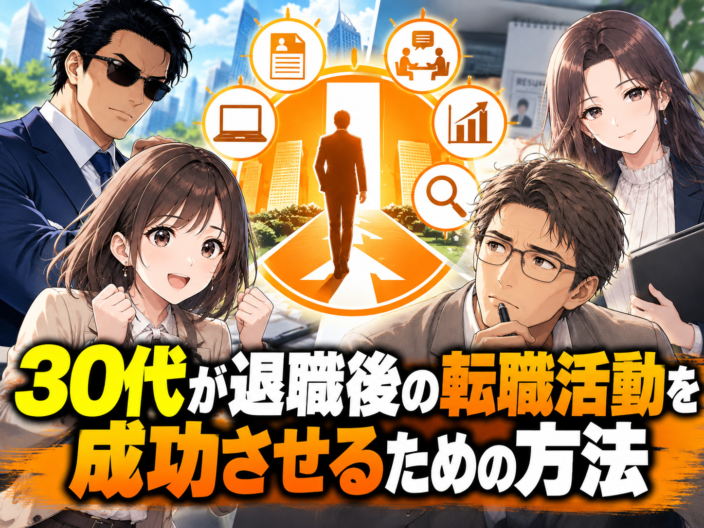 30代が退職後の転職活動を成功させる方法を紹介する画像。転職先が決まらない不安や無職期間・ブランクが再就職に与える影響、30代未経験での転職や年収ダウンのリスクを解説。これまでの経験を活かした求人選びや、退職してから転職活動を進めるポイントを表している。