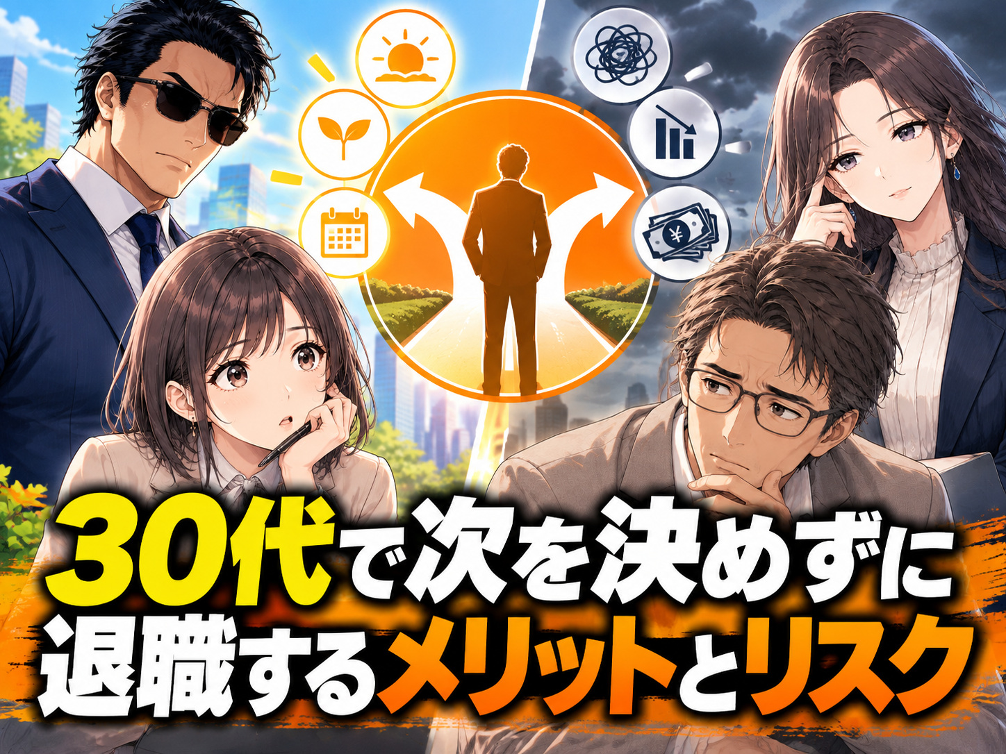 30代で次の仕事が決まっていないけれど会社を辞めたい人に向けた画像。次を決めずに退職するメリットとデメリット、収入が途絶えるリスク、転職先が決まらない不安を解説。30代前半・後半それぞれの転職事情や退職前の注意点も紹介している。