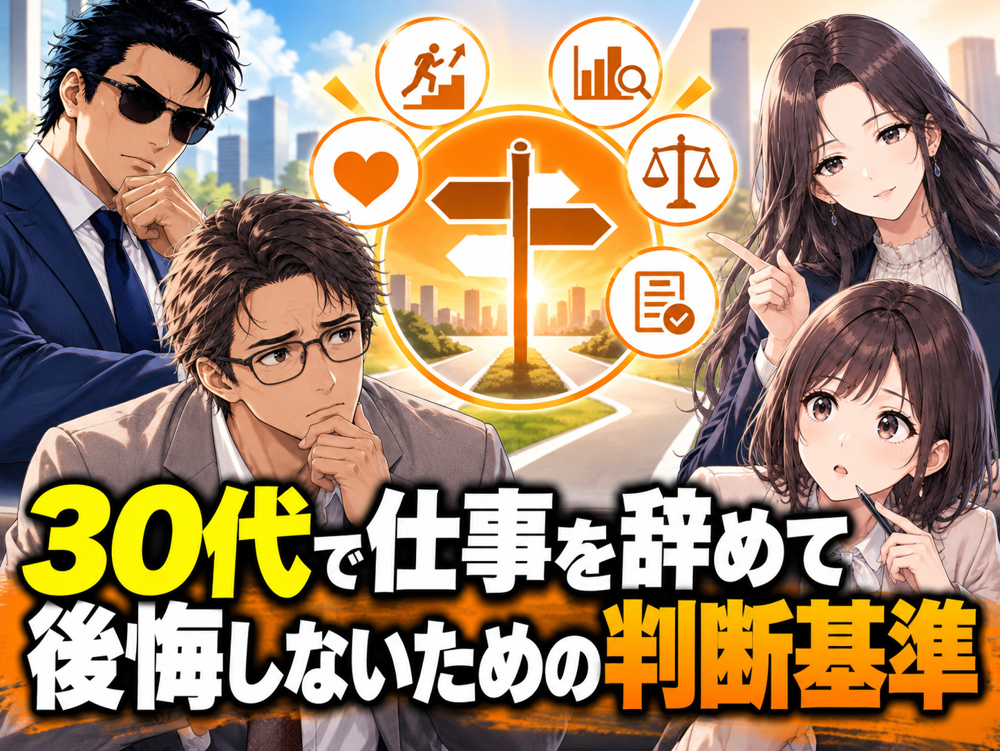 30代で仕事を辞めて後悔しないための判断基準を解説する画像。仕事に疲れた、ストレスが限界、やる気が出ないなどの退職サインと、一時的な感情で辞めて後悔しやすいケースを比較。転職先の見通しや貯金額、退職するベストなタイミングを判断するポイントを紹介している。