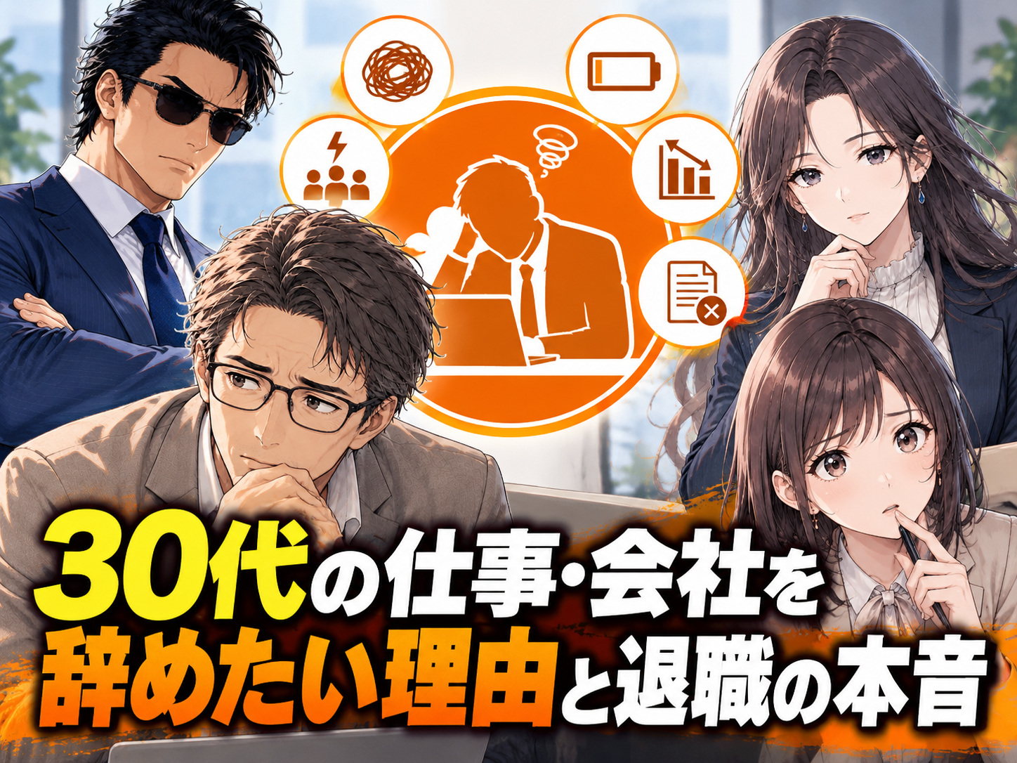 30代で仕事や会社を辞めたい理由を解説する画像。人間関係の悩みや仕事のストレス、疲れ、将来への不安など、30代に多い退職理由と本音を紹介。男性・女性、独身・既婚・子持ち、公務員など、立場によって異なる退職の悩みも取り上げている。