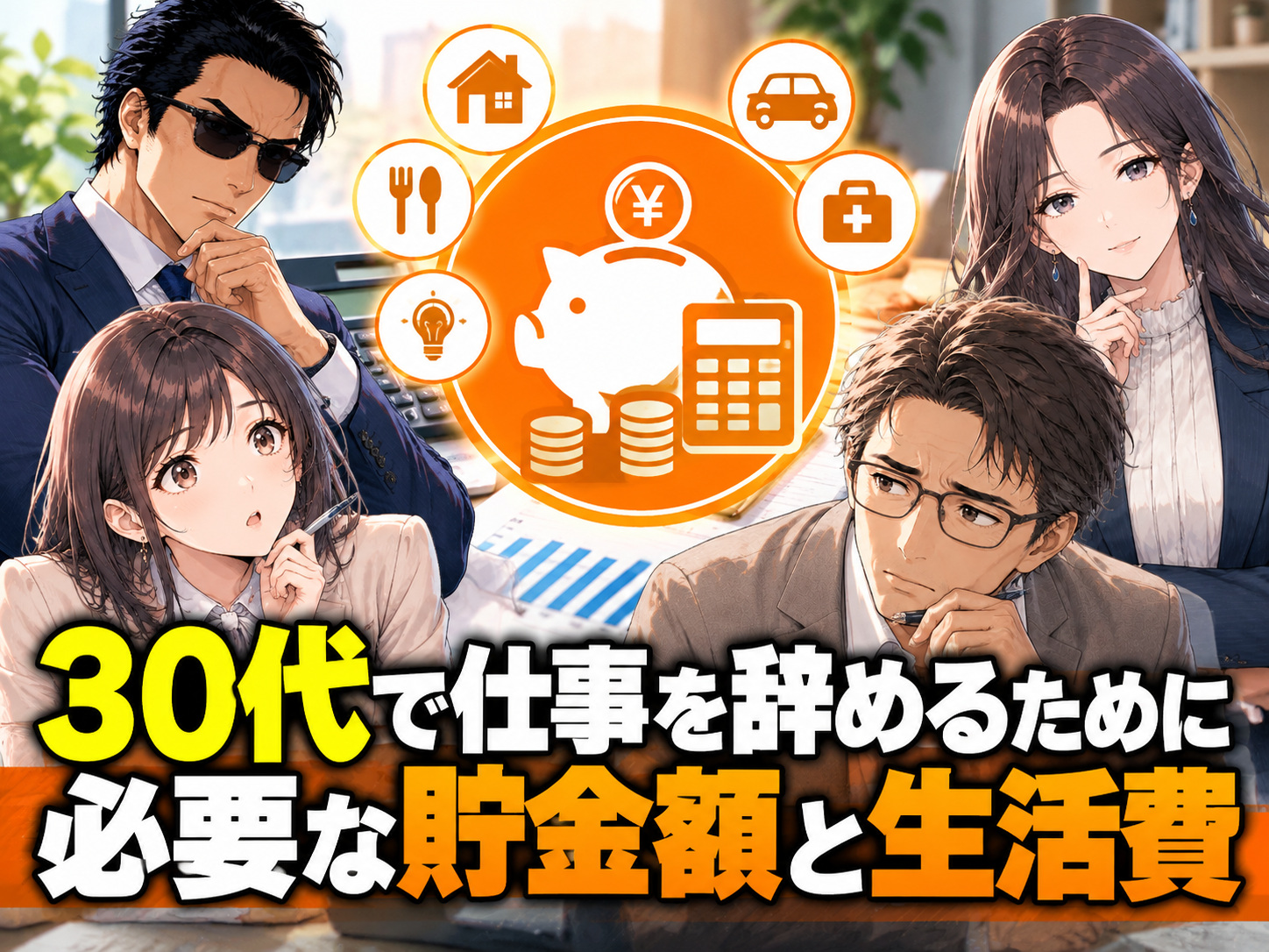 30代で仕事を辞めるために必要な貯金額と退職後の生活費を解説する画像。独身・既婚・子持ち別の資金計画や、無職期間に何ヶ月生活できるかを考えるポイントを紹介。貯金なし・貯金100万円での退職リスク、失業保険、健康保険、年金、住民税などの負担も取り上げている。