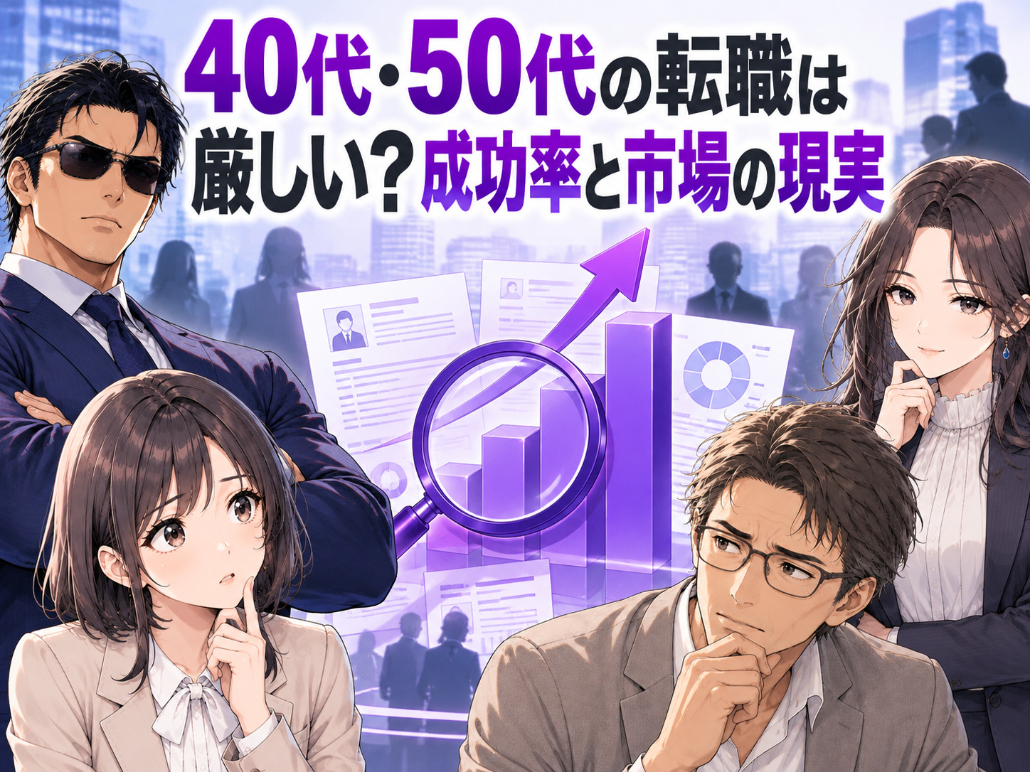 40代・50代の転職市場の現実と成功率をテーマに、キャリアギルドの4人が登場する解説画像。40代の転職が厳しい理由や50代の転職が難しい背景、年齢による転職難易度の違い、転職率のデータから見える40代・50代の転職事情を紹介。