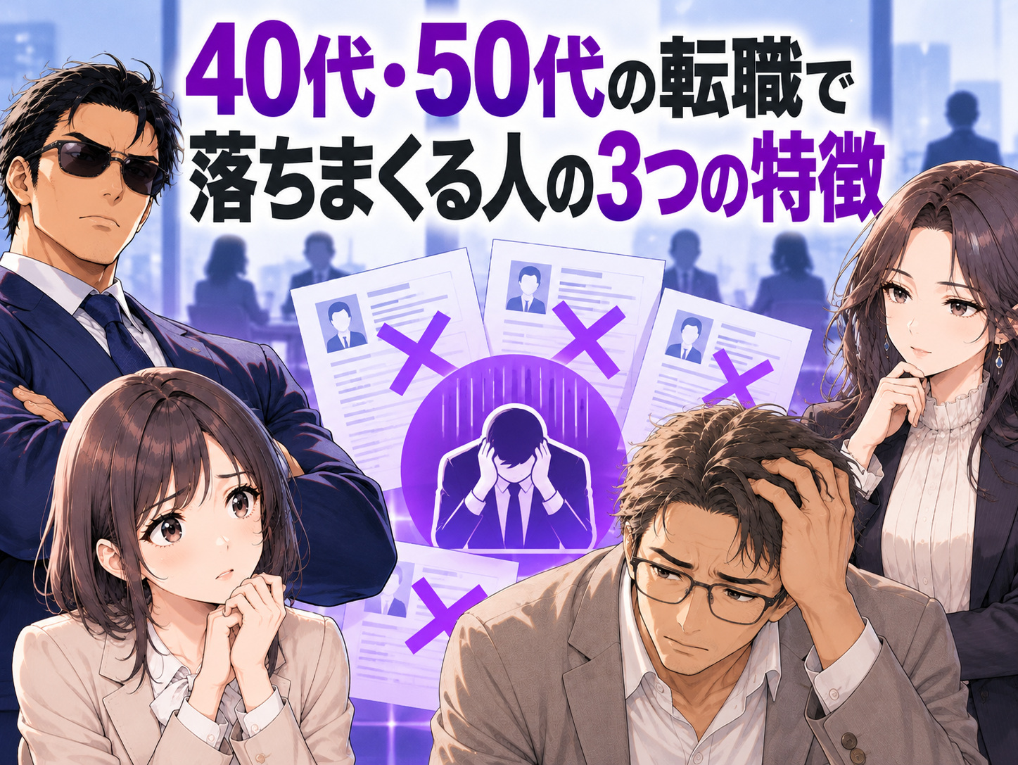 40代・50代の転職活動で落ちまくる人の3つの特徴を解説する画像。書類選考が通らない、面接で落ちる、不採用が続いて転職先が決まらない原因として、応募条件とのミスマッチ、即戦力のアピール不足、希望年収や待遇へのこだわりを紹介。