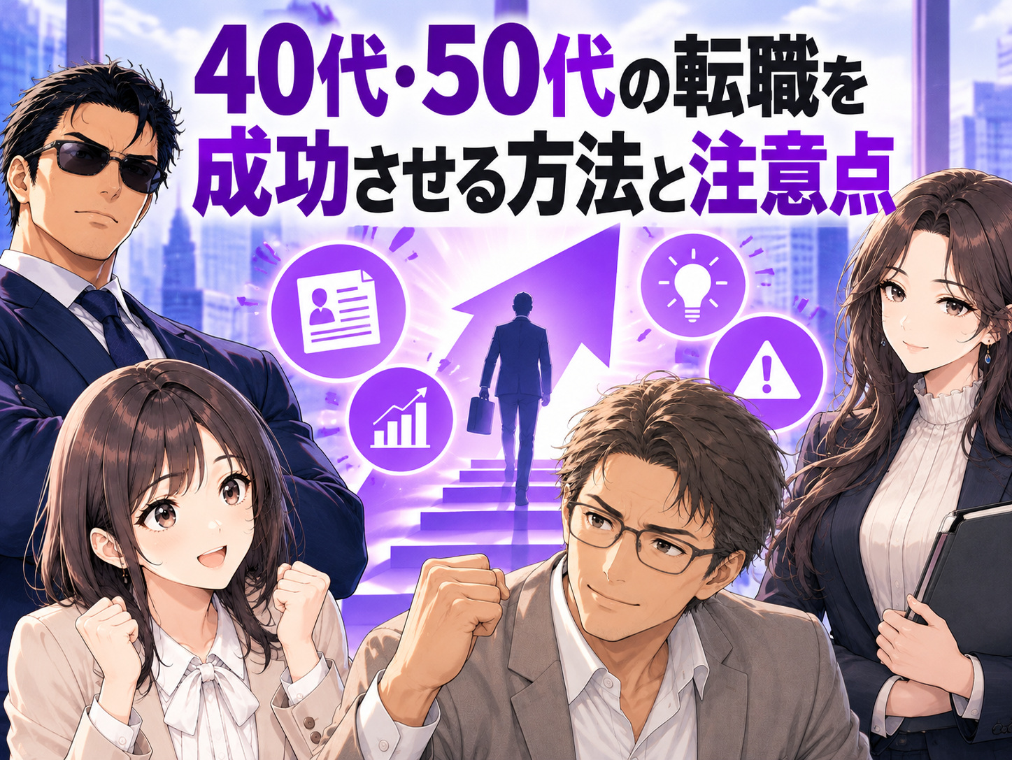 40代・50代の転職を成功させる方法と注意点を、キャリアギルドの4人と紫色の上昇矢印、応募書類・成長・ひらめき・注意を示すアイコンで表現した画像。40代・50代が狙い目の業界や職種、即戦力の伝え方、応募書類・面接対策、転職エージェントの活用方法を解説。