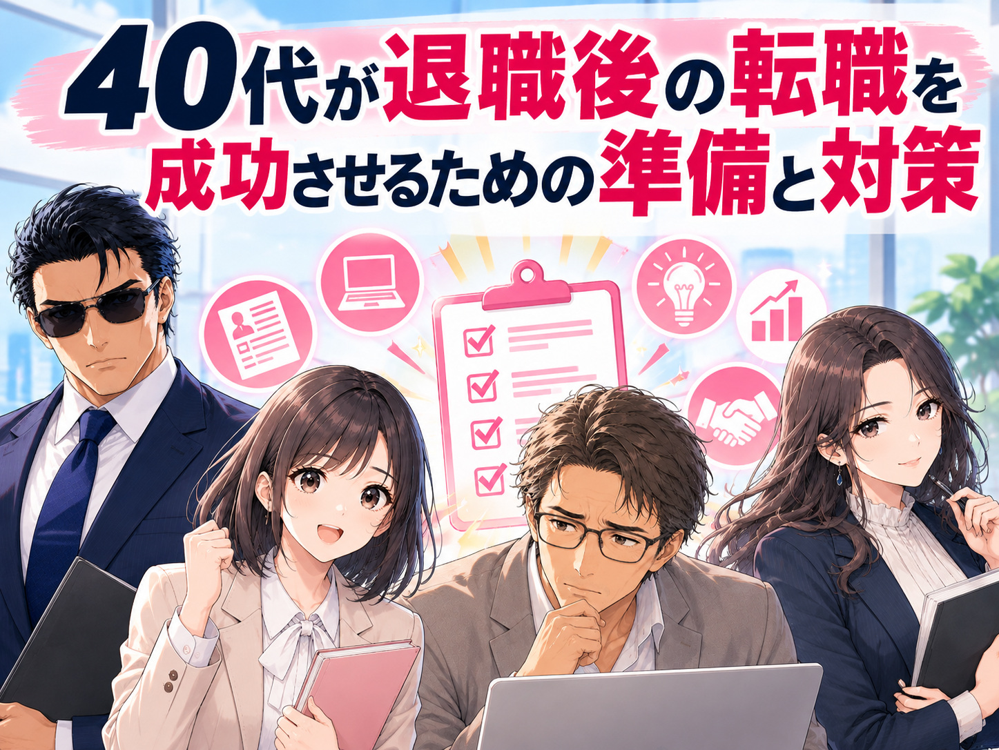 40代が退職後の転職を成功させるための準備と対策を解説するイラスト。年収ダウンを防ぐ求人選びやキャリア戦略、転職面接での退職理由の伝え方、退職前後の転職活動、再就職に向けた準備、健康保険・年金・失業給付などの手続きを紹介する。
