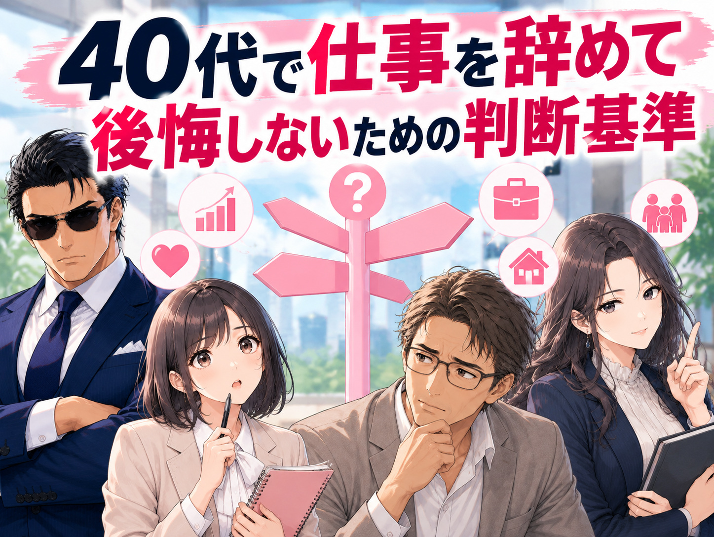 40代で仕事を辞めて後悔しないための判断基準を解説するイラスト。退職して人生が楽になるケースと、転職に失敗して後悔する原因を比較し、仕事のストレスや将来の生活、転職の厳しさを踏まえて、退職すべき人と辞めない方がいい人の違いを整理する。