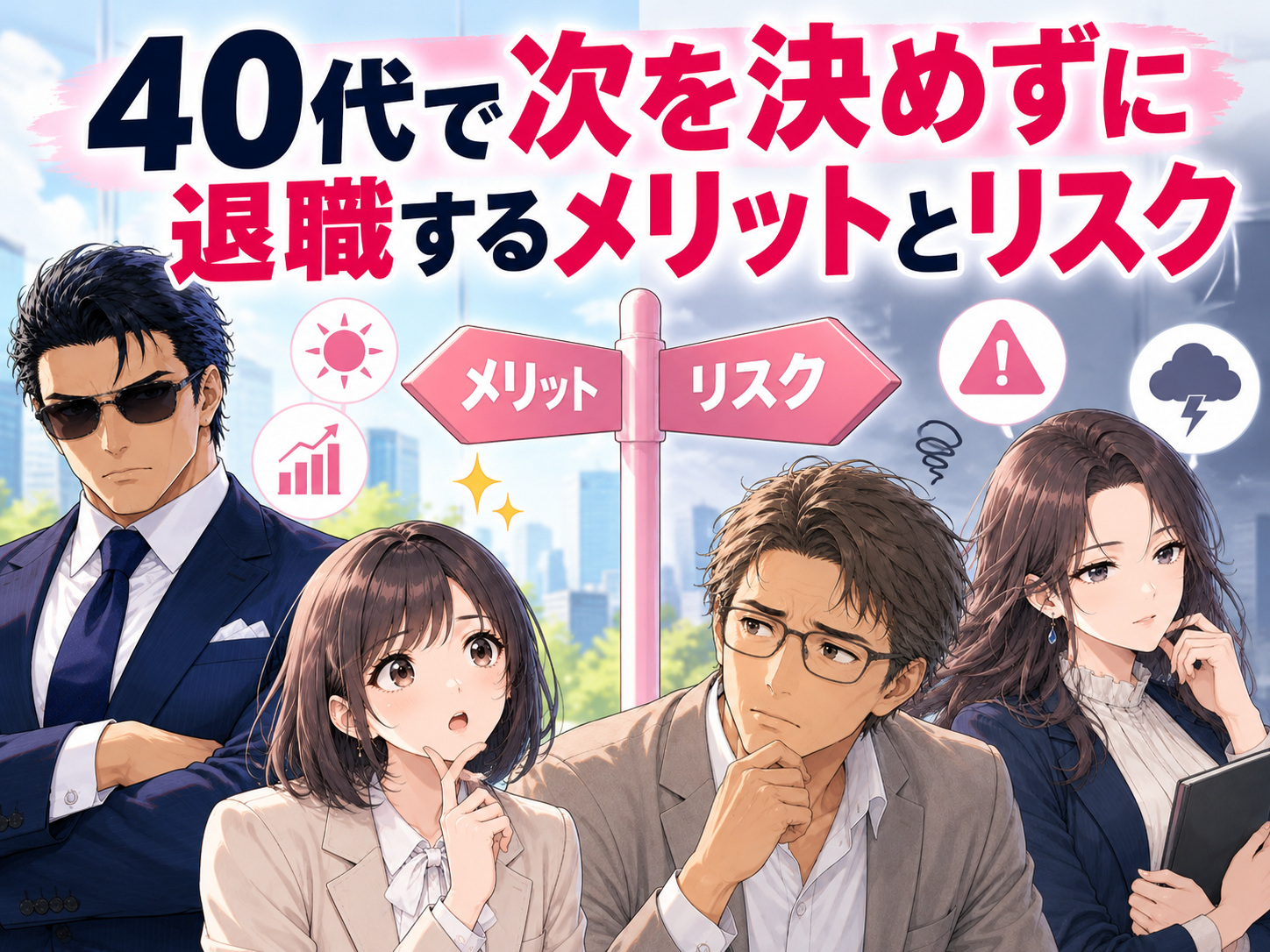 40代で次を決めずに退職するメリットとリスクを比較するイラスト。転職先未定で仕事を辞める場合のメリット・デメリットや、ストレスから逃げるように退職する場合、勢いで退職する場合の注意点、無職期間が長引くリスクを解説。
