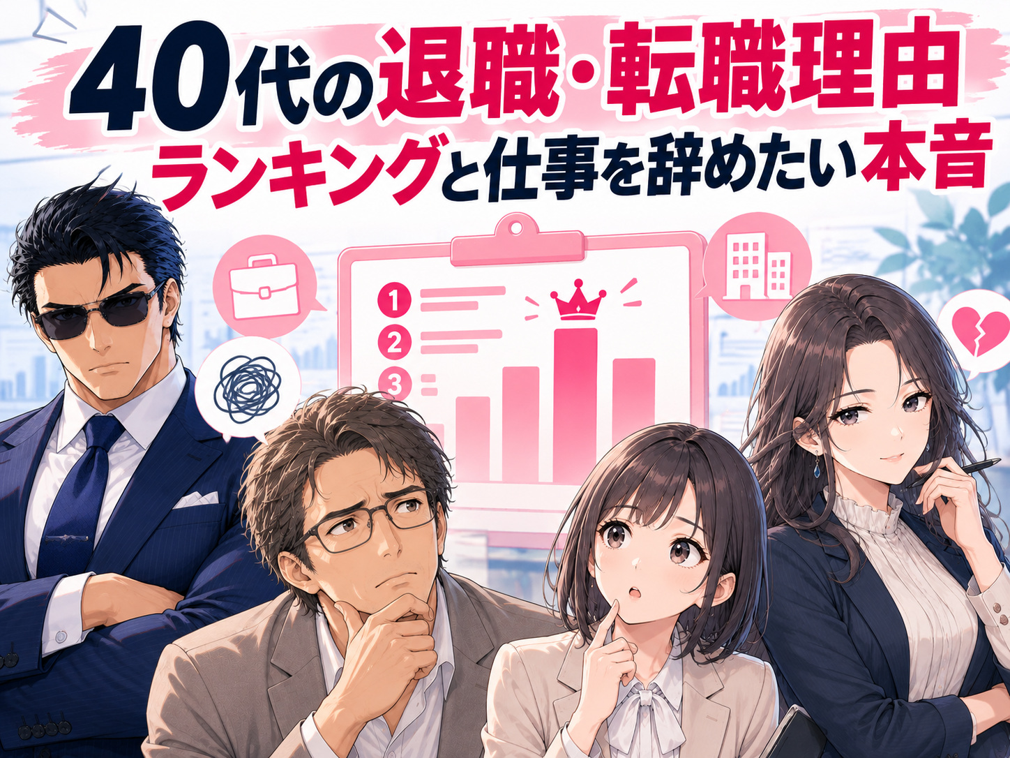 40代の退職理由ランキングと仕事を辞めたい本音を解説するイラスト。40代前半・後半の転職や退職理由、仕事のストレスや疲れ、人間関係への不満、独身・既婚などの生活環境による悩みを整理し、会社を辞めたい理由を考える。