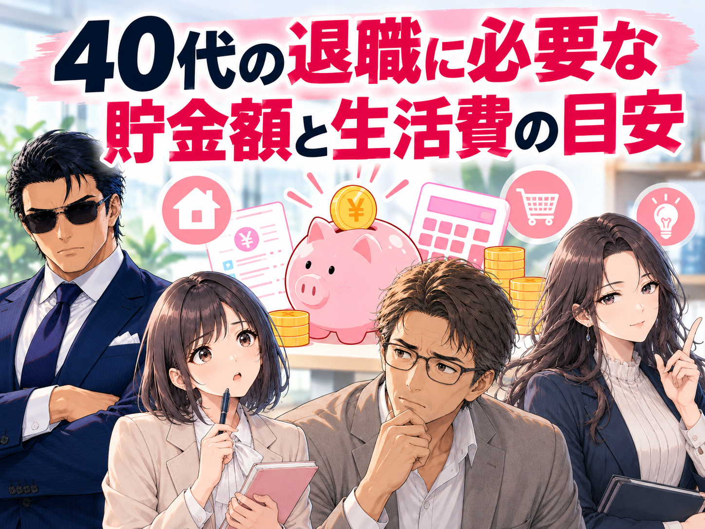40代の退職に必要な貯金額と退職後の生活費を解説するイラスト。次を決めずに退職する場合、貯金はいくら必要なのか、100万円・300万円・500万円で何ヶ月生活できるのかを試算し、独身・既婚・子持ちの支出や住宅ローンなどの負担を比較する。