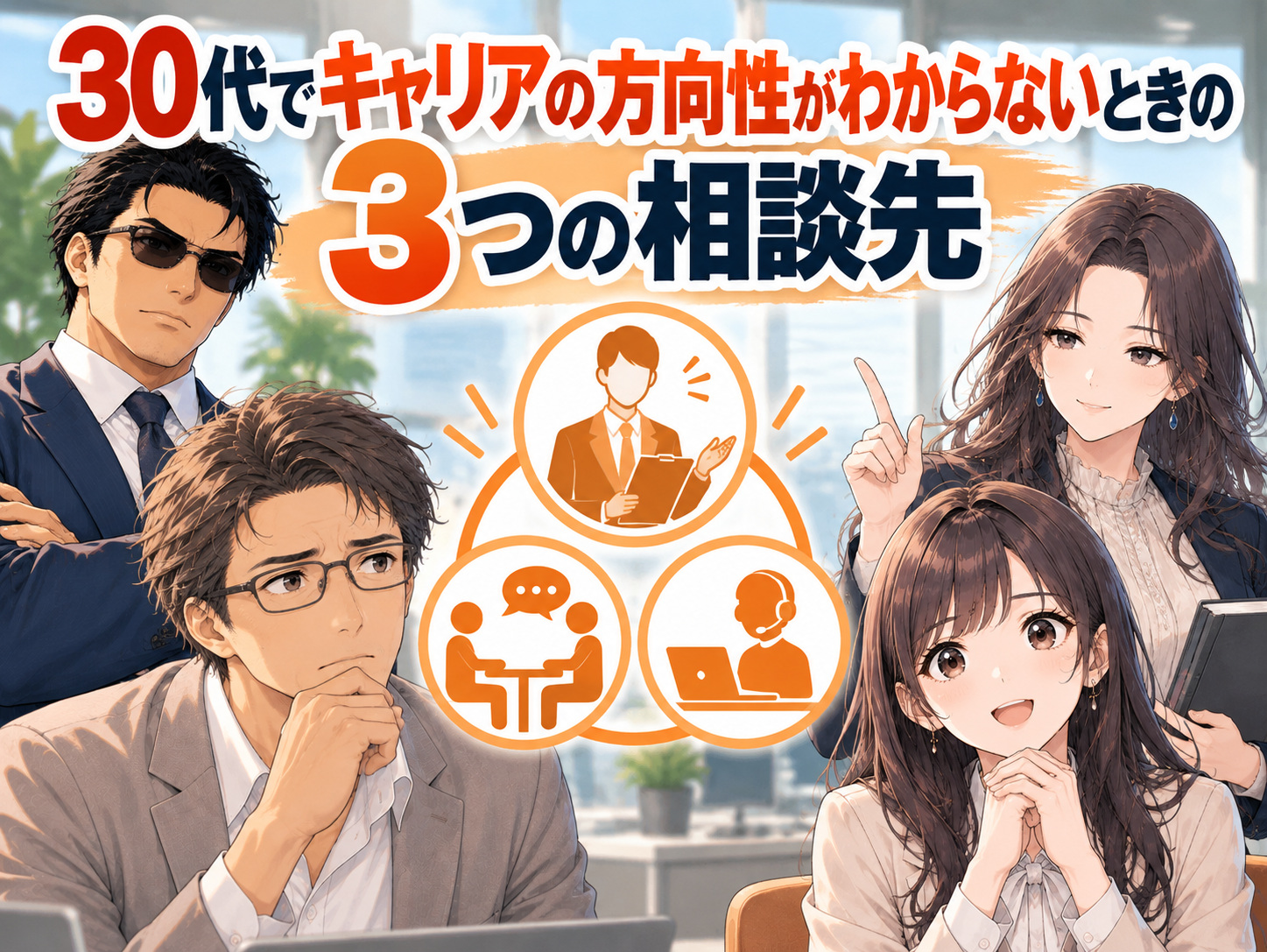 30代でキャリアの方向性がわからない、仕事や転職の悩みを誰に相談すればよいか迷う人に向けた画像。ハローワークなどの公的就職支援、転職エージェント、キャリアコンサルタントによるキャリア相談の3つを比較し、適職探しや今後のキャリアを考える相談先を紹介
