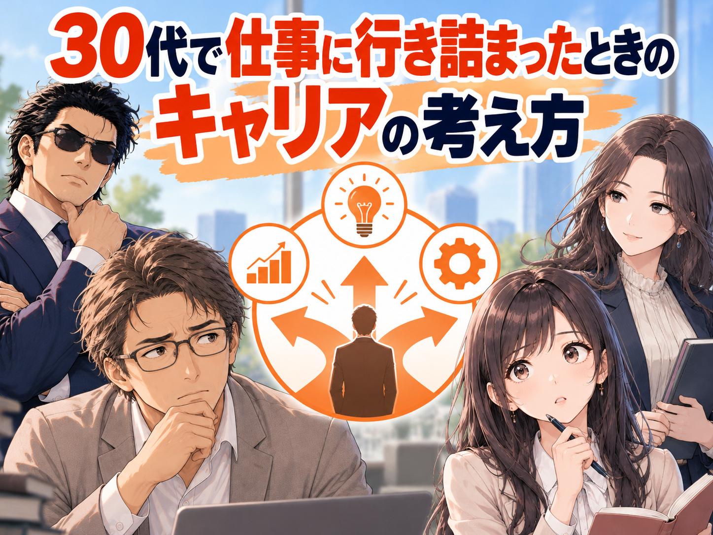 30代で仕事に行き詰まり、このままでいいのか悩む人に向けたキャリアの考え方を紹介する画像。今の仕事を続けるべきかの判断、異動や働き方の変更による現状改善、30代前半と後半で異なるキャリアプランの立て方など、今後の方向性を見直す方法を解説