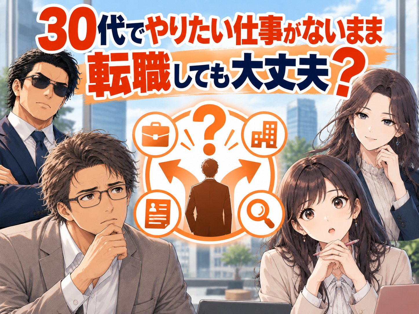 30代でやりたい仕事がない、転職したいけど何がしたいかわからない人に向けた転職判断の画像。やりたいことが決まらないまま転職するリスク、30代からの未経験転職や異業種へのキャリアチェンジ、これまでの経験を活かす転職との比較や失敗を防ぐ判断基準を解説