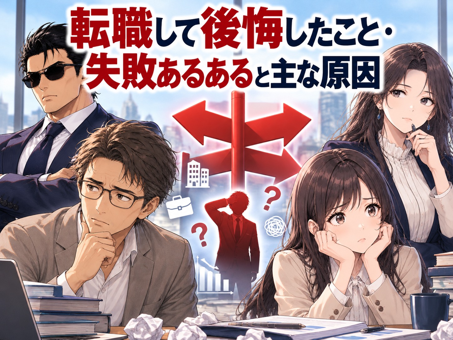 転職して後悔したことや転職失敗あるあるをテーマに、キャリアギルドの4人が仕事内容のミスマッチ、人間関係、年収ダウン・アップ後の後悔、残業などの失敗原因や転職後に後悔する人の共通点を考えるイラスト