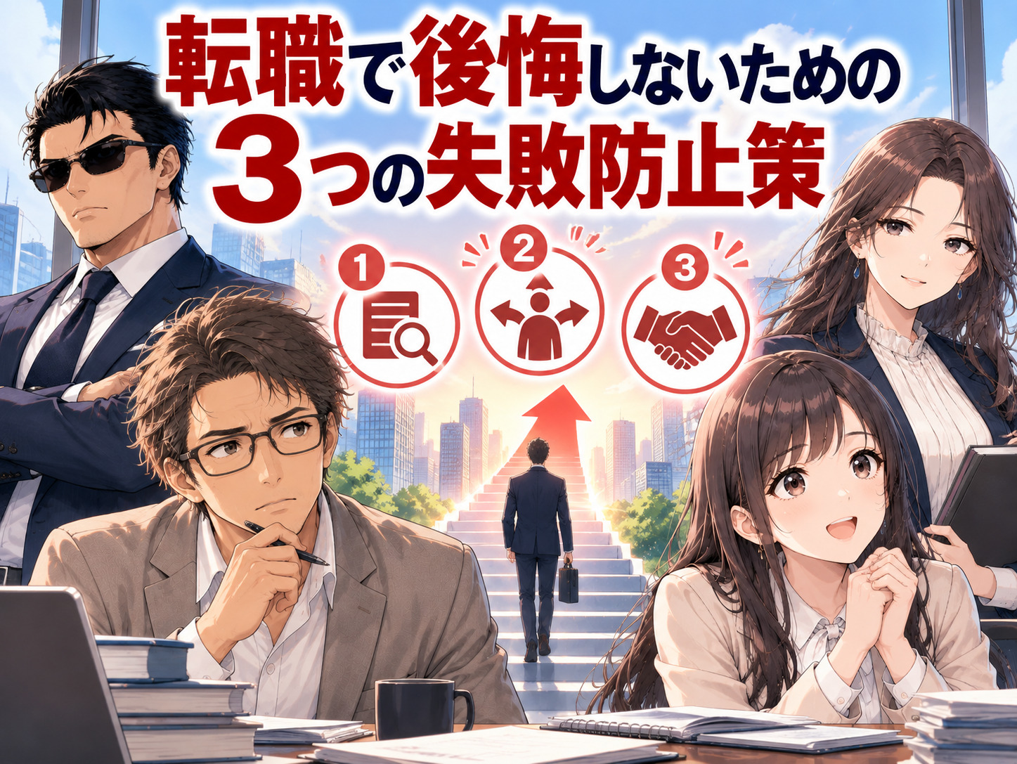 転職で後悔しない方法と転職失敗を繰り返さないための3つの対策を、キャリアギルドの4人が解説するイラスト。前回の失敗原因の分析、求人票や面接での転職先のミスマッチ防止、希望条件の優先順位と失敗しない会社選びを紹介