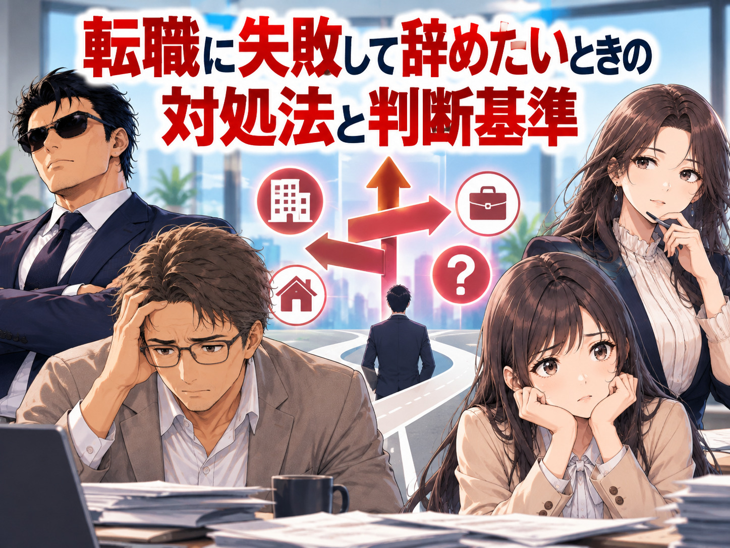 転職に失敗して辞めたいと悩む男性とキャリアギルドの登場人物が、転職先が合わないときの対処法、転職後すぐ辞めるべきケース、退職する時期、試用期間中の退職や短期離職が再転職に与える影響を考えるイラスト