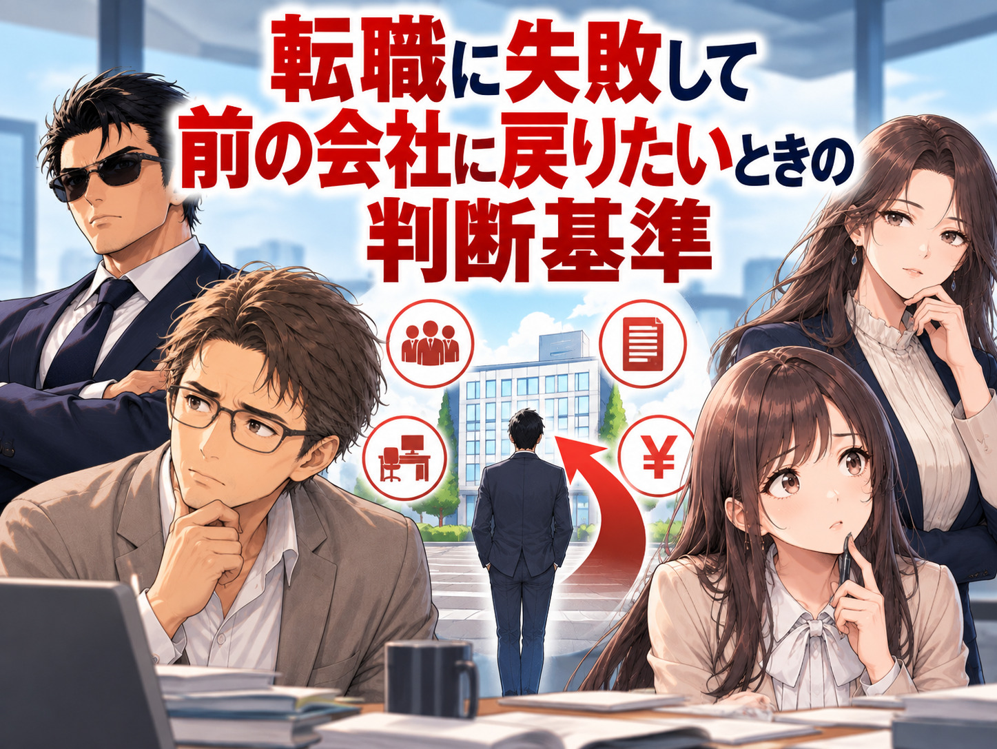 転職に失敗して前の会社に戻りたいと悩む男性とキャリアギルドの登場人物が、出戻り転職のメリット・デメリット、前職に戻って成功する人と後悔する人の違い、出戻りと再転職の判断基準を考えるイラスト