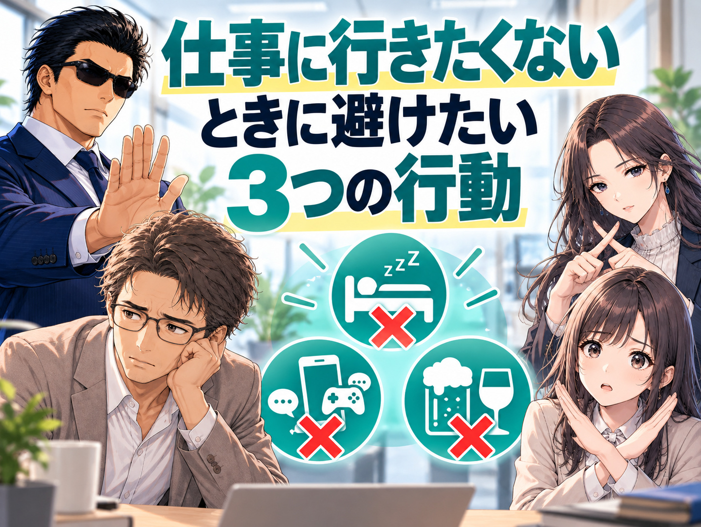 仕事に行きたくないときに避けたい3つの行動を解説する画像。心身の不調を我慢して出勤し続ける、感情的に退職を決める、休日も仕事のことばかり考えるなど、心身の負担や後悔につながる行動を避け、適切な対処法を選ぶための注意点を紹介している。