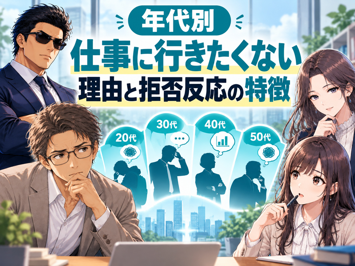 20代・30代・40代・50代の年代別に、仕事に行きたくない理由と拒否反応の特徴を解説する画像。人間関係や上司とのトラブル、仕事内容への不満、仕事のストレス、将来への不安など、年代ごとに異なる悩みや心身の症状、対処法を紹介している。