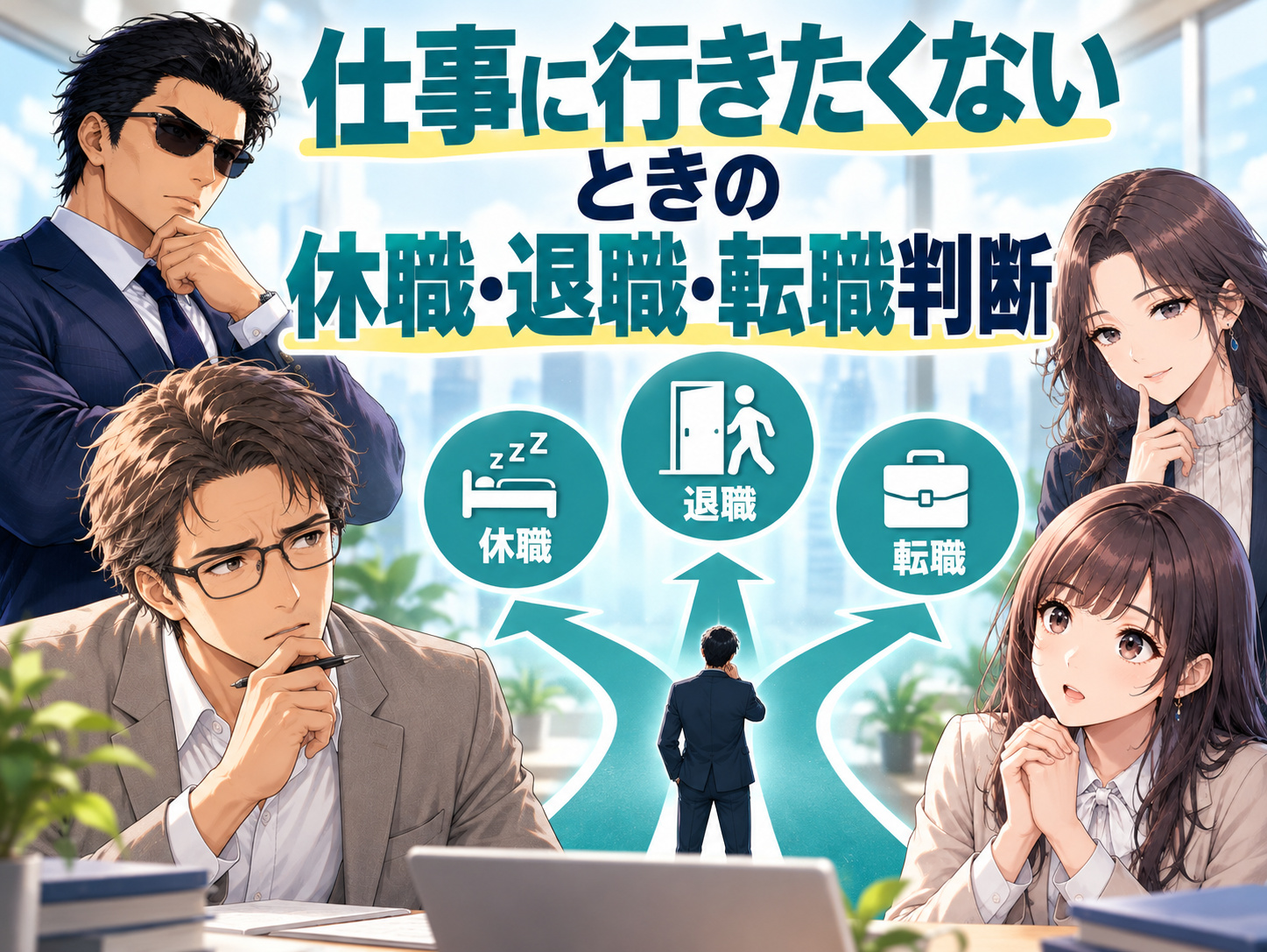 仕事に行きたくない状態が続くときの休職・退職・転職の判断基準を解説する画像。毎日のストレスや拒否反応、心身の限界サインを踏まえ、仕事を休んでもいいか、辞めたいけれどお金がない場合はどうするか、転職すべきかを検討するための選択肢を示している。