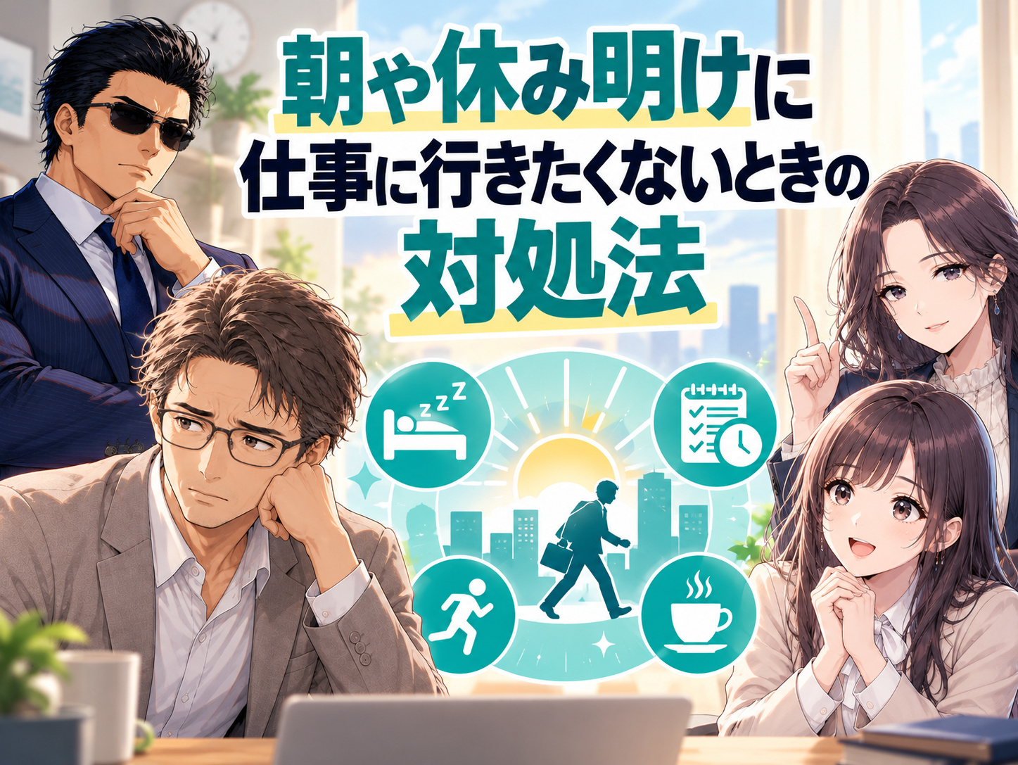 朝や休み明けに仕事に行きたくないときの対処法を解説する画像。月曜日の朝、連休明け、日曜日の夜、明日から仕事だと考えると憂うつになる原因やストレスへの対処、出勤前の気持ちの切り替え方、無理せず休む判断について紹介している。