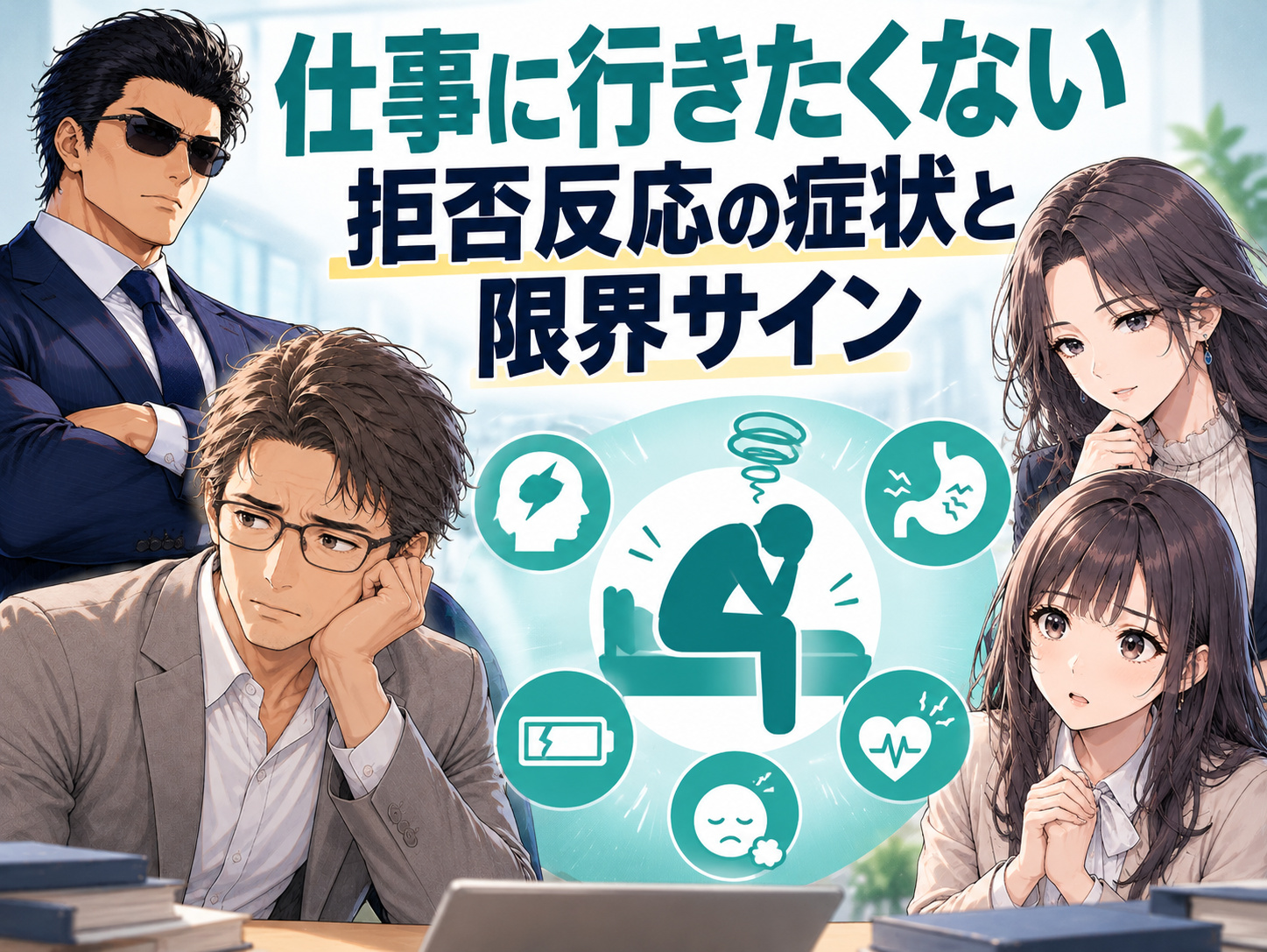 仕事に行きたくないときの拒否反応の症状と限界サインを解説する画像。朝泣く、涙が出る、吐き気、動悸、腹痛、眠れない、体が動かないなど、強いストレスによる心身の不調を紹介し、無理して出勤せず休むべき状態か判断するポイントを示している。