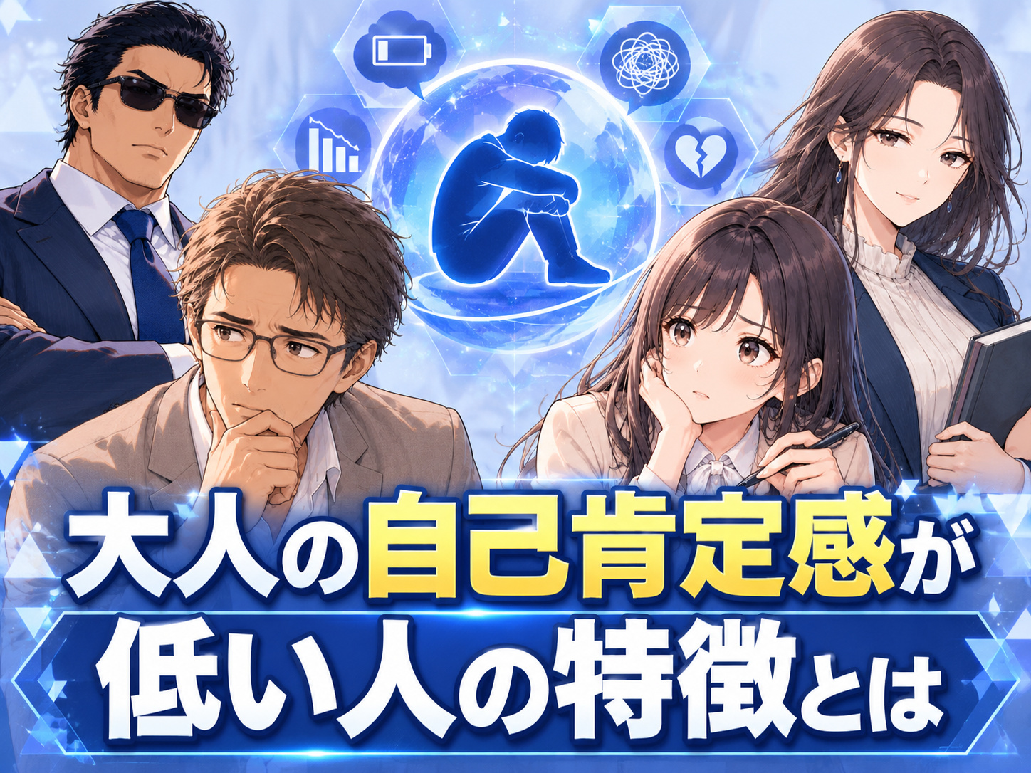 自己肯定感が低い大人に見られる特徴や仕事・人間関係でのサイン、自尊心や自信との違い、自己肯定感チェックを解説するイメージ