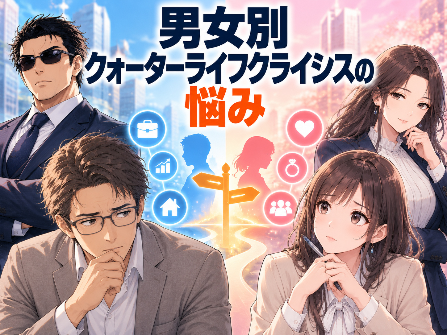 女性・男性のクォーターライフクライシスで生じやすい悩みと、仕事や収入、キャリア、恋愛・結婚への不安や周囲と比較したときの焦りを解説
