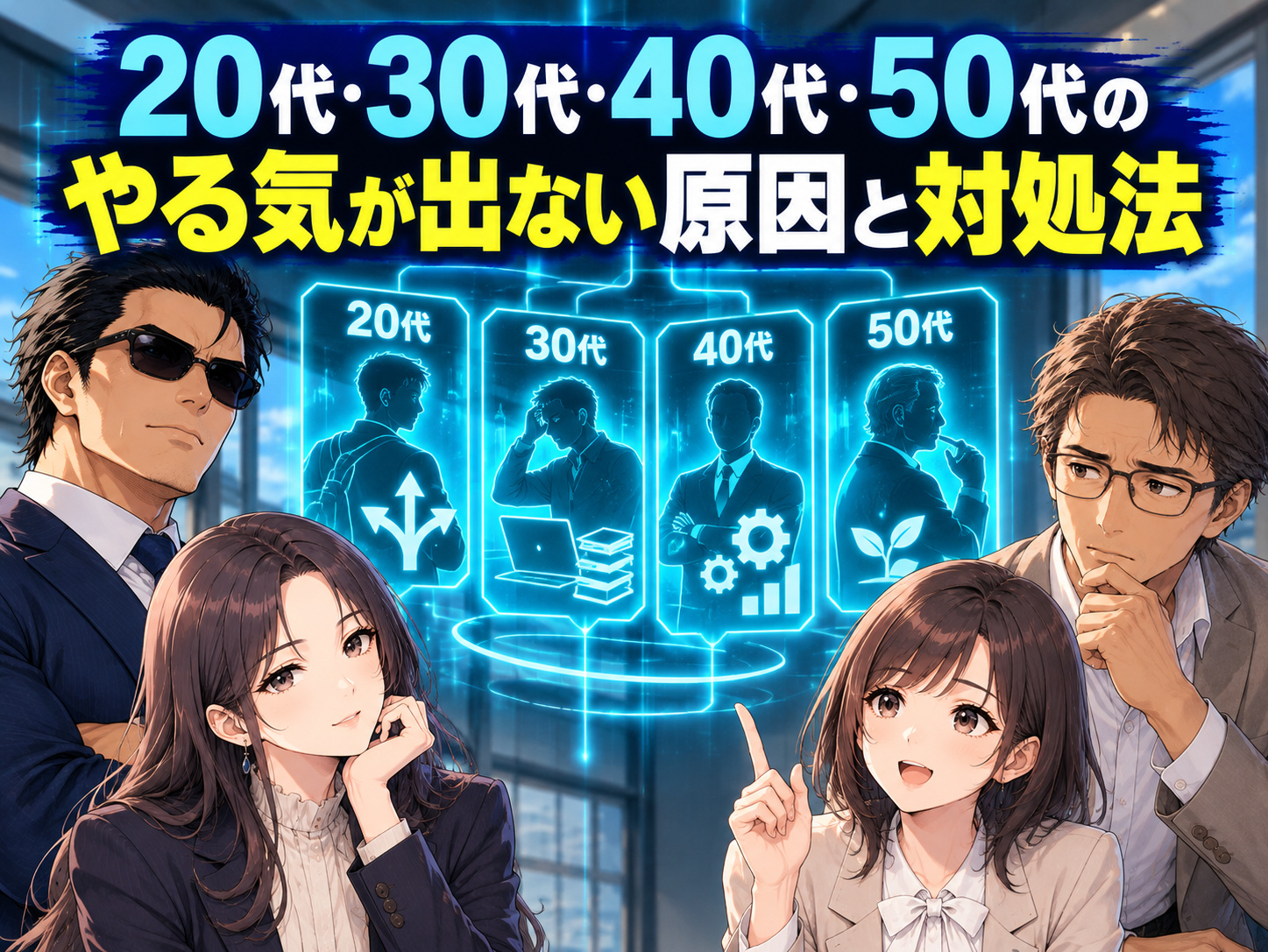 20代・30代・40代・50代で仕事のモチベーションが全くない、やる気が出ない原因と対処法を年代別に紹介するイラスト。20代の適性への不安、30代のキャリアの迷い、40代の停滞感や責任の重さ、50代の役割の変化など、年代ごとの課題と働く意欲を取り戻す方法を解説。