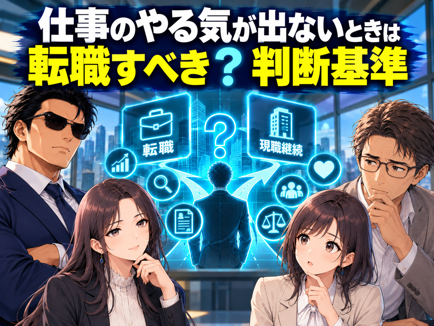 仕事のやる気が出ないときに転職すべきかを考える判断基準のイラスト。転職と現職継続の分かれ道をシアンブルーのホログラムで表現。仕事のモチベーションが戻らない、会社を辞めたいと感じたときに、今の職場で改善できる問題と退職・転職を検討した方がよいケースを解説。