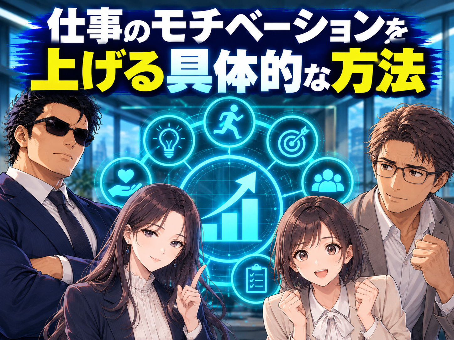 仕事のモチベーションを上げる具体的な方法を紹介するイラスト。小さな目標設定による達成感、仕事の進め方や環境の見直し、ご褒美や休息を取り入れる方法をホログラムで表現。仕事のやる気が出ないときに実践できる、無理のないモチベーションの上げ方や対処法を解説。