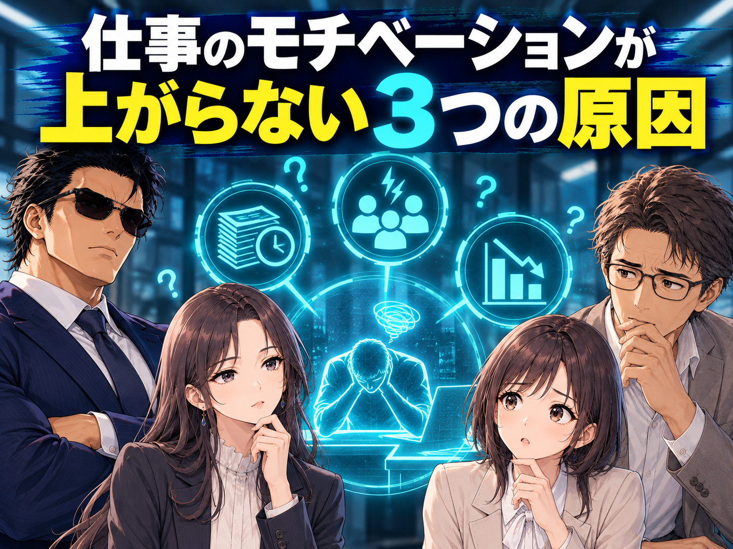 仕事のモチベーションが上がらない3つの原因を表したイラスト。仕事の疲れやストレス、業務のマンネリ化によるやりがいの低下、給料・評価・人間関係への不満をホログラムで表現。仕事へのやる気が急になくなった理由や、モチベーションが下がる原因を解説。