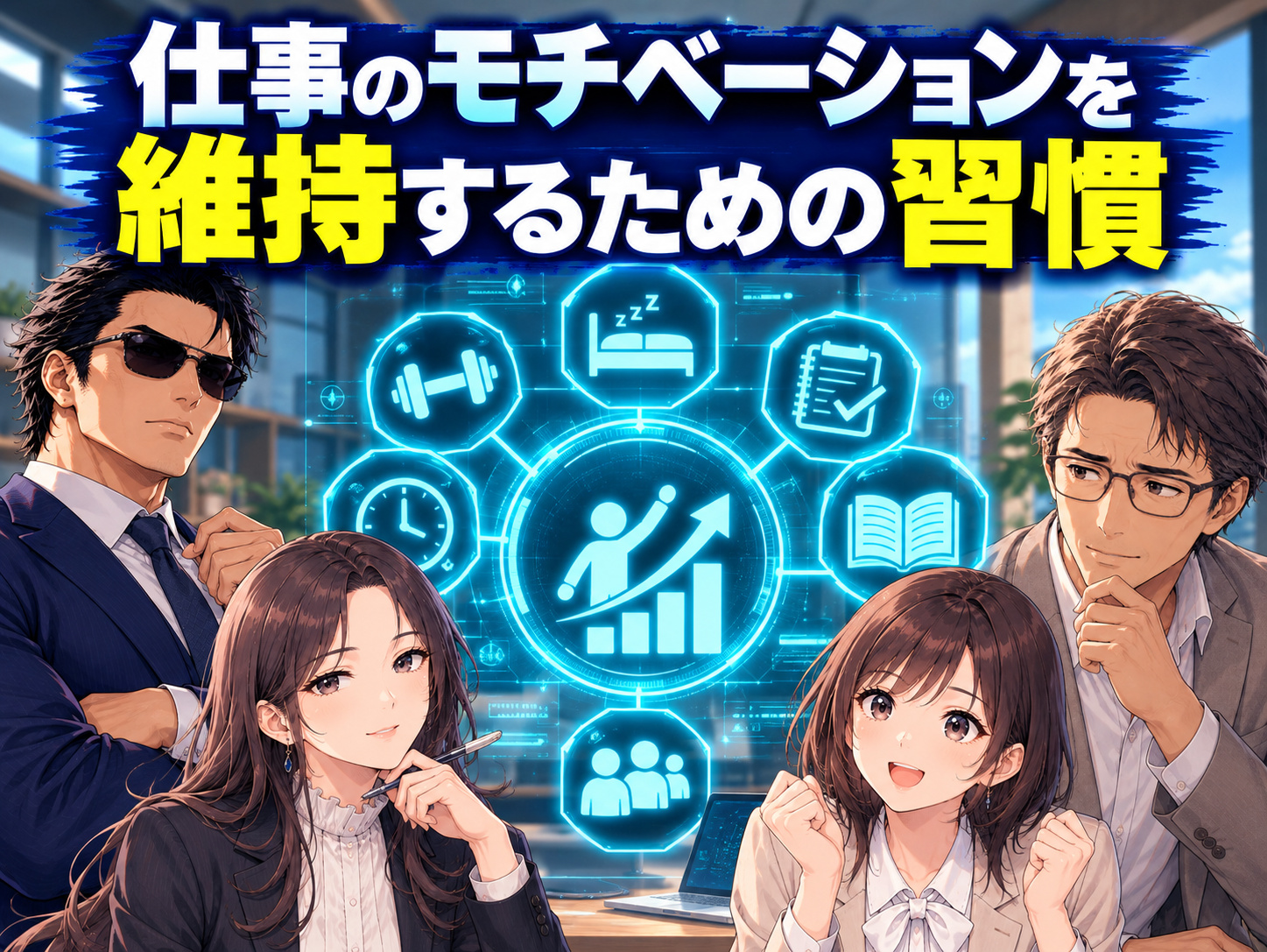 仕事のモチベーションを維持するための習慣を紹介するイラスト。仕事の目的や働く意味の見直し、日々の成長や成果の振り返り、生活リズムの改善と休息をホログラムで表現。仕事へのやる気を保つ方法や、無理なく働くモチベーションを高める習慣を解説。